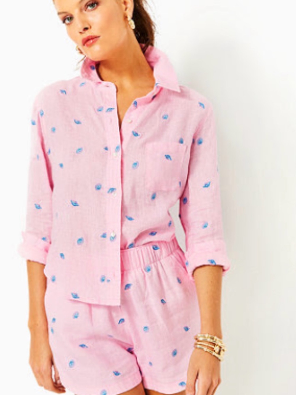 Lilly Pulitzer Pink Linen Short Pajama Set with Blue Embroidery